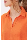 Turuncu Oversize Polo Yaka Örme Bluz 0486