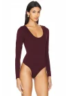 MetuCa Kadın Bordo Geniş U Yaka Uzun Kollu İpek Jarse Kumaş Tanga Kesim Bodysuit Zıbın