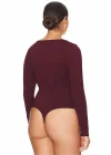 MetuCa Kadın Bordo Geniş U Yaka Uzun Kollu İpek Jarse Kumaş Tanga Kesim Bodysuit Zıbın