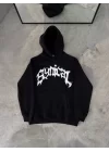 Üç İplik Kapşonlu Baskılı Oversize SweatShirt- Siyah