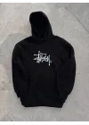 Üç İplik Kapşonlu Baskılı SweatShirt - Siyah