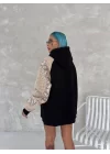 Üç İplik Penye Kapşonlu Parçalı SweatShirt - Siyah