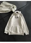 Üç İplik Penye Uzun Kol Kapşonlu Baskılı SweatShirt - Beyaz