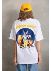 Unisex Baskılı Oversize T-Shirt - Beyaz