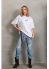 Unisex Baskılı Oversize T-Shirt - Beyaz