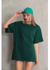 Unisex Bisiklet Yaka 20/1 Düz Oversize T-Shirt - Yeşil