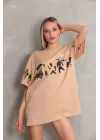 Unisex Bisiklet Yaka Baskılı Oversize T-Shirt - Bej