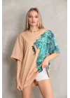 Unisex Bisiklet Yaka Baskılı Oversize T-Shirt - Bej