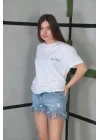 Unisex Bisiklet Yaka Baskılı Oversize T-Shirt- Beyaz