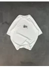 Unisex Bisiklet Yaka Baskılı Oversize T-Shirt - Beyaz