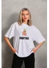 Unisex Bisiklet Yaka Baskılı Oversize T-Shirt - Beyaz