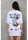 Unisex Bisiklet Yaka Baskılı Oversize T-Shirt - Beyaz