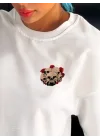 Unisex Bisiklet Yaka Baskılı Oversize T-Shirt - Beyaz