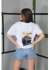 Unisex Bisiklet Yaka Baskılı Oversize T-Shirt- Beyaz