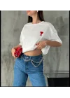 Unisex Bisiklet Yaka Baskılı Oversize T-Shirt - Beyaz
