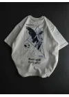 Unisex Bisiklet Yaka Baskılı Oversize T-Shirt - Beyaz