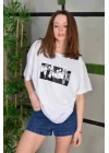 Unisex Bisiklet Yaka Baskılı Oversize T-Shirt - Beyaz