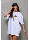 Unisex Bisiklet Yaka Baskılı Oversize T-Shirt - Beyaz