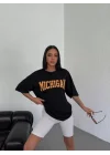 Unisex Bisiklet Yaka Baskılı Oversize T-Shirt - Beyaz