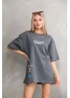 Unisex Bisiklet Yaka Baskılı Oversize T-Shirt - Gri
