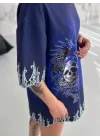 Unisex Bisiklet Yaka Baskılı Oversize T-Shirt - Lacivert