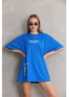 Unisex Bisiklet Yaka Baskılı Oversize T-Shirt - Mavi
