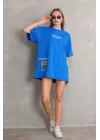 Unisex Bisiklet Yaka Baskılı Oversize T-Shirt - Mavi