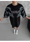 Unisex Bisiklet Yaka Baskılı Oversize T-Shirt - Siyah