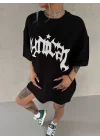Unisex Bisiklet Yaka Baskılı Oversize T-Shirt - Siyah