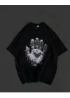Unisex Bisiklet Yaka Baskılı Oversize T-Shirt - Siyah