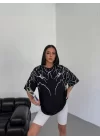 Unisex Bisiklet Yaka Baskılı Oversize T-Shirt - Siyah
