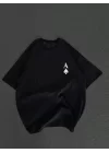 Unisex Bisiklet Yaka Baskılı Oversize T-Shirt - Siyah