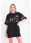 Unisex Bisiklet Yaka Baskılı Oversize T-Shirt - Siyah