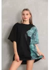 Unisex Bisiklet Yaka Baskılı Oversize T-Shirt - Siyah