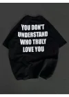 Unisex Bisiklet Yaka Baskılı Oversize T-Shirt - Siyah