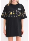 Unisex Bisiklet Yaka Baskılı Oversize T-Shirt - Siyah
