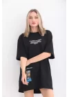 Unisex Bisiklet Yaka Baskılı Oversize T-Shirt - Siyah