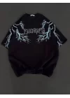 Unisex Bisiklet Yaka Baskılı Oversize T-Shirt - Siyah