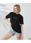 Unisex Bisiklet Yaka Baskılı Slim Fit T-Shirt - Siyah
