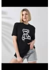 Unisex Bisiklet Yaka Baskılı T-Shirt - Siyah