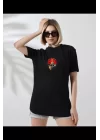 Unisex Bisiklet Yaka Baskılı T-Shirt - Siyah