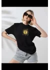 Unisex Bisiklet Yaka Baskılı T-Shirt - Siyah