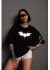 Unisex Ön Ve Kol Baskılı Oversize T-shirt - Siyah