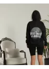 Unisex Sırt Baskılı Kapüşonlu Üç İplik Oversize Sweatshirt - Siyah