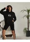 Unisex Sırt Baskılı Kapüşonlu Üç İplik Oversize Sweatshirt - Siyah