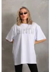 Unisex Taş Desenli Oversize T-Shirt - Beyaz