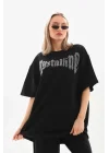 Unisex Taş Desenli Oversize T-Shirt - Beyaz