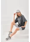 Unisex Taş Desenli Oversize T-Shirt - Füme