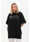 Unisex Taş Desenli Oversize T-Shirt - Siyah