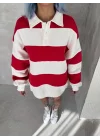 Unisex Üç İplik Parçalı Yakalı SweatShirt - Kırmızı